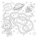 Help cosmonaut find path to rocket. Labyrinth. Maze game for kids. Black and white vector illustration for coloring book